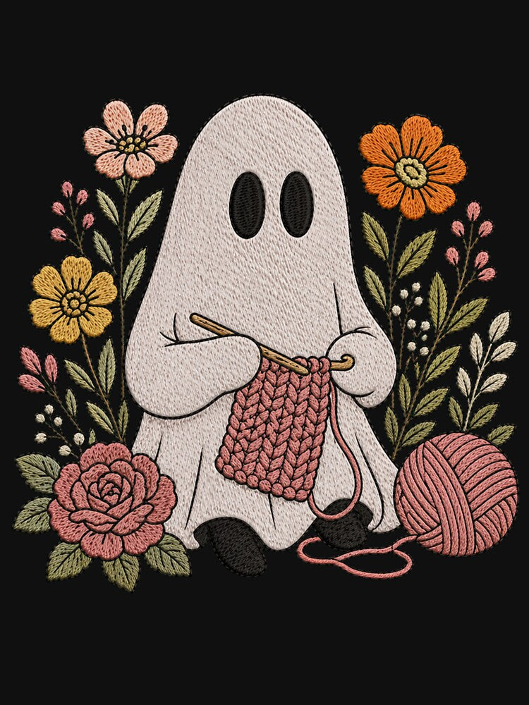 Crocheting Ghost Cute Embroidery Style Knitting Ghost Cozy Floral Aesthetic Design by ColorSplash123