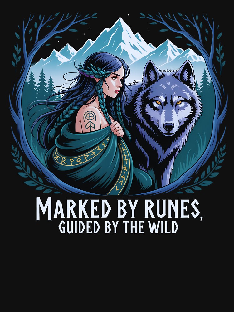 Runes In My Blood – Runic Wolf Woman in Forest Shirt by Slavicsoul