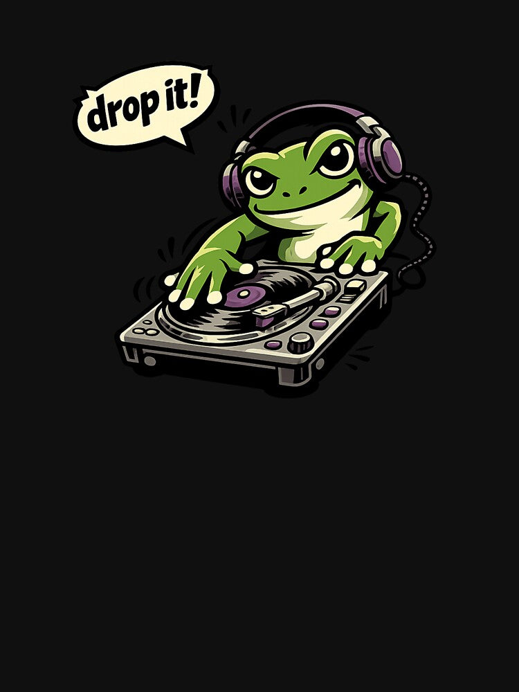 Funny DJ Frog Saying "Drop It!" Cartoon EDM Music Sticker Design by Moss & Mellow