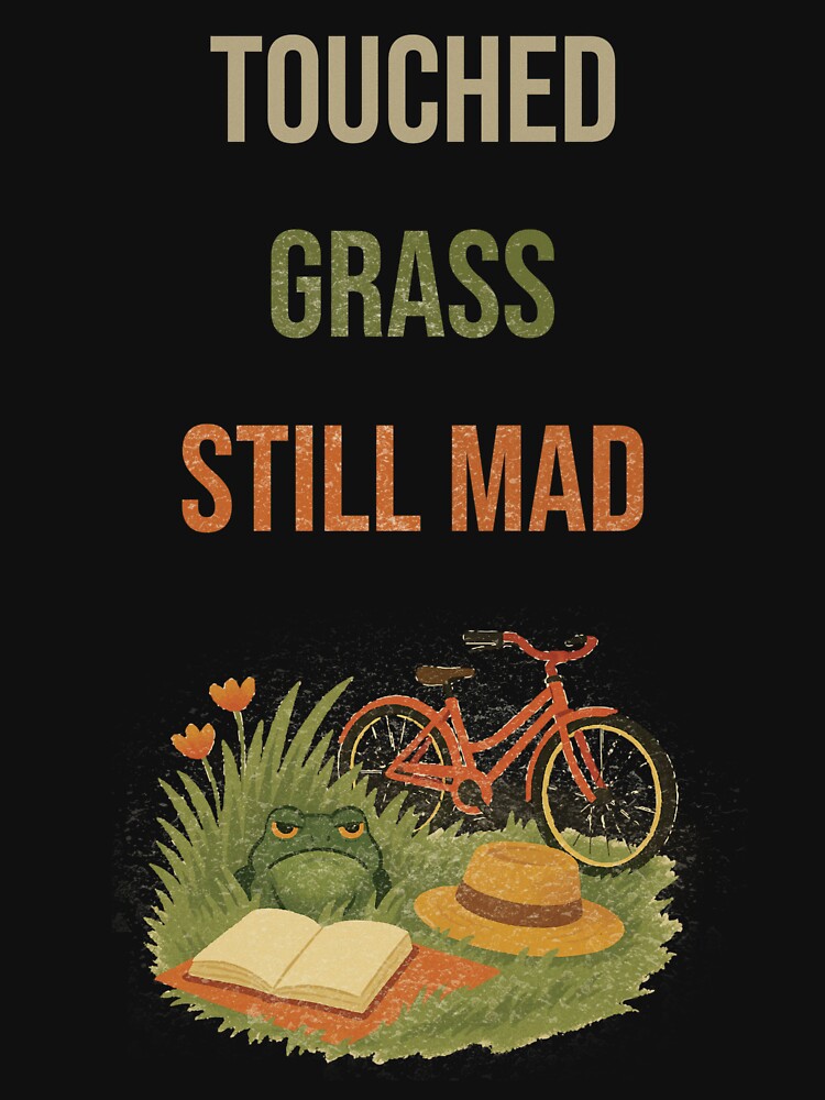 Touched Grass Still Mad – Grumpy Frog Picnic Design with Bike and Book by InkRevolt