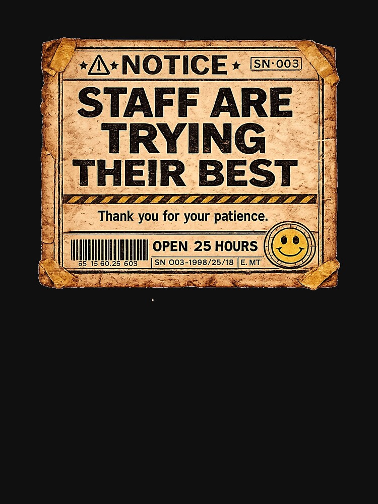 Staff Are Trying Their Best | Liminal Horror Workplace Notice Sticker by Open25Hours