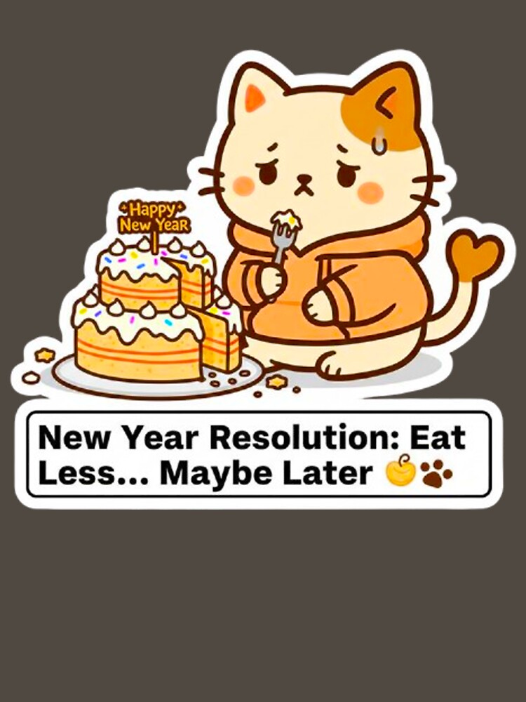 Funny Kawaii Cat New Year Resolution - Eat Less Maybe Later Sticker by MT-Hub | Art for Every Soul