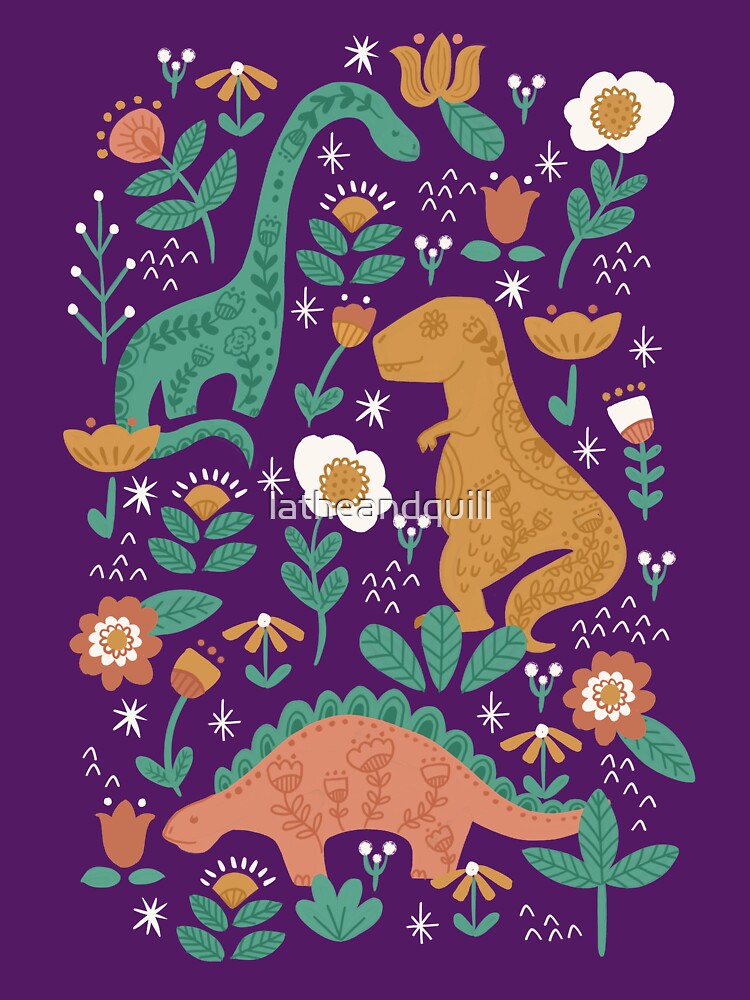 Folk Floral Dinosaurs in Pink by latheandquill