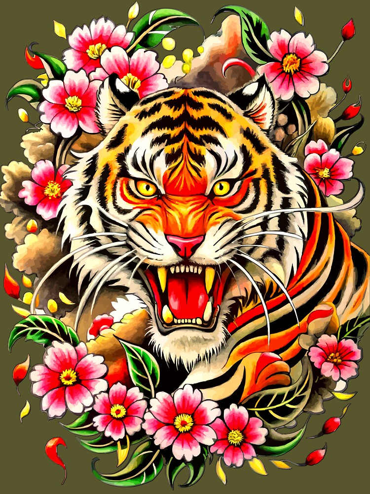 Fierce Tiger Head with Cherry Blossoms Illustration by VikArtStudio