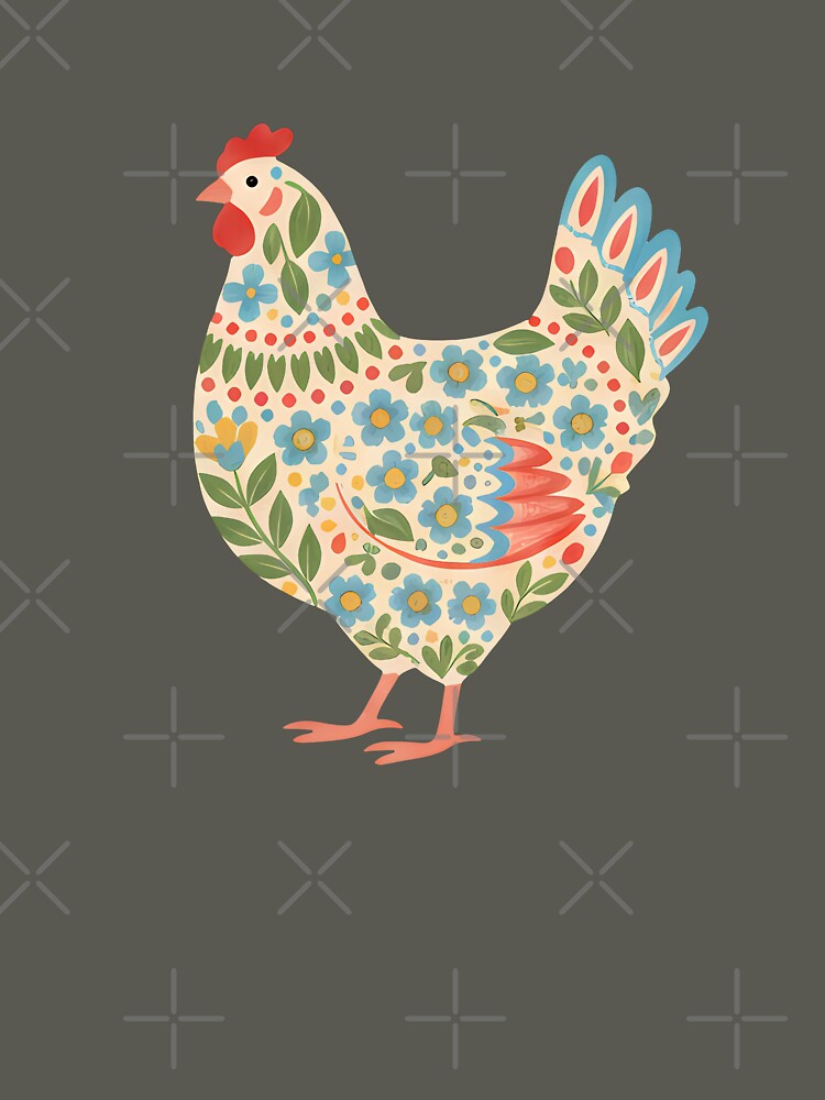 Floral Chicken with Folk Motifs – Scandinavian Folk Art by heidiannemorris © by FOLK ART FUSION by heidiannemorris