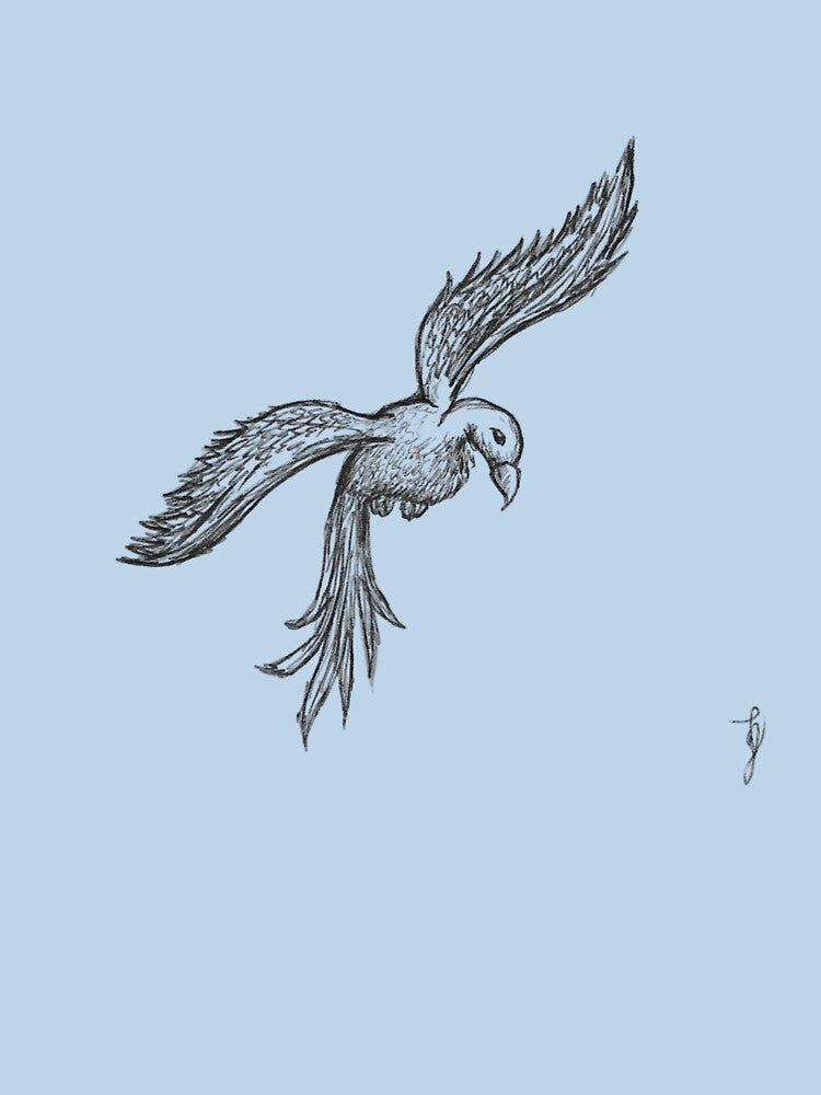 Flying Bird Sketchy Hand Drawn Black Ballpoint Pen Blue Backdrop by BOKEbyTC