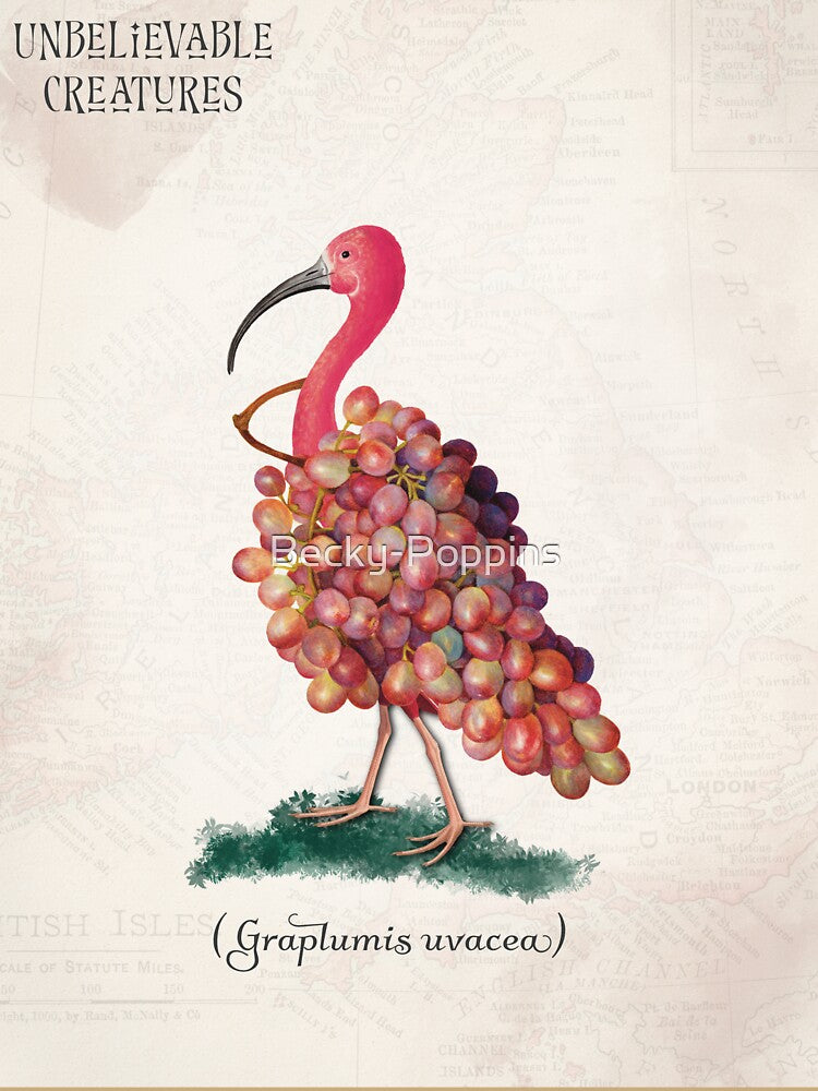 Graplumis Uvacea | Surreal Pink Bird Grapes Collage Creature by Becky-Poppins