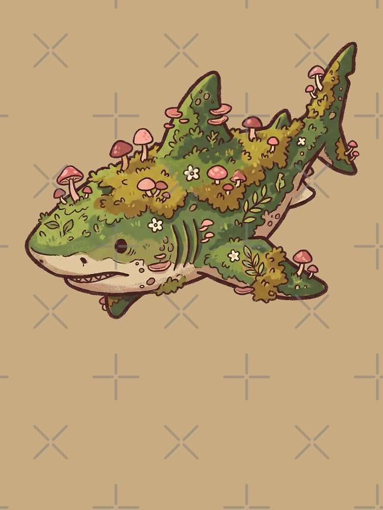 Mossy Shark Cute Ocean Creature with Mushrooms and Flowers, Goblincore Nature Art by Magnificent Lizard