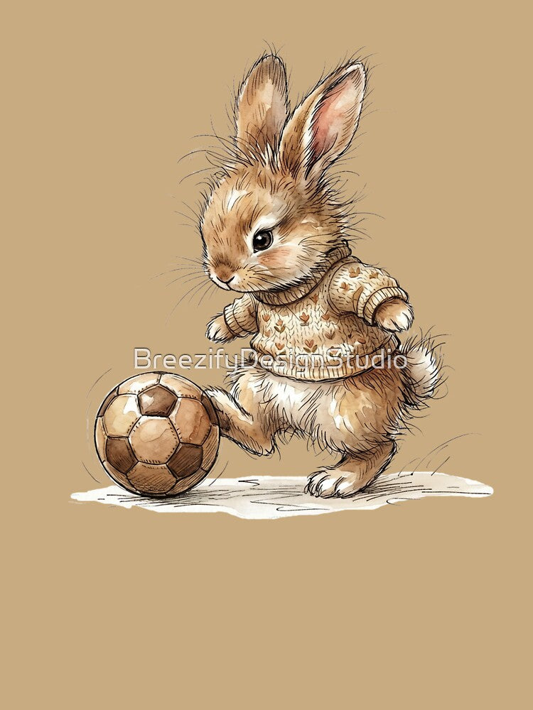 Cute Watercolor Bunny Rabbit Kicking Soccer Ball Art by BreezifyDesignStudio