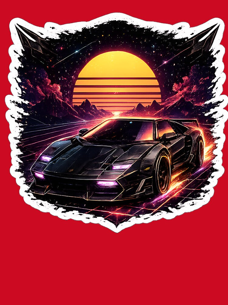 Retro Future 1980s Synthwave Sports Car with Outrun Sunset Grid by RiteshCenter