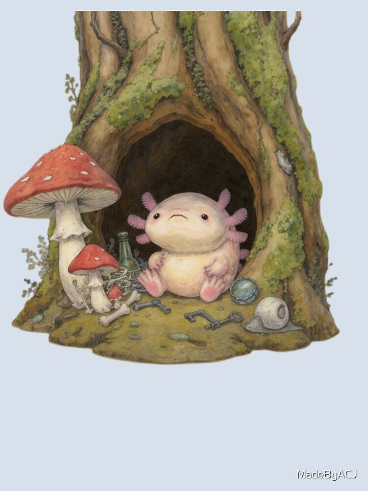 Enchanted Forest Axolotl – Fantasy Creature in Tree Hollow Goblincore Art by MadeByACJ