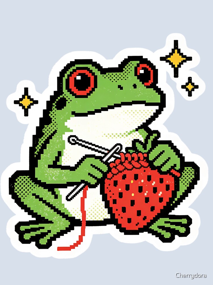 Whimsical Pixel Art Frog Knitting a Strawberry - Retro 8-bit Gamer Craft Vibe by Cherrydora