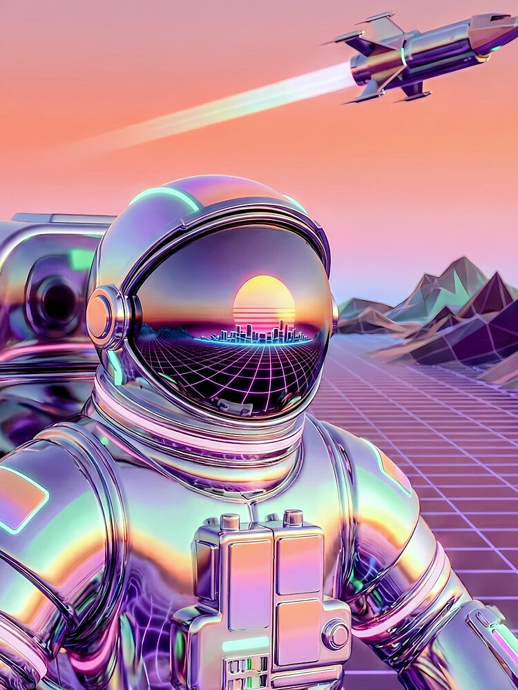 Retro Futuristic Chrome Astronaut in Synthwave Landscape by Rachet Dome