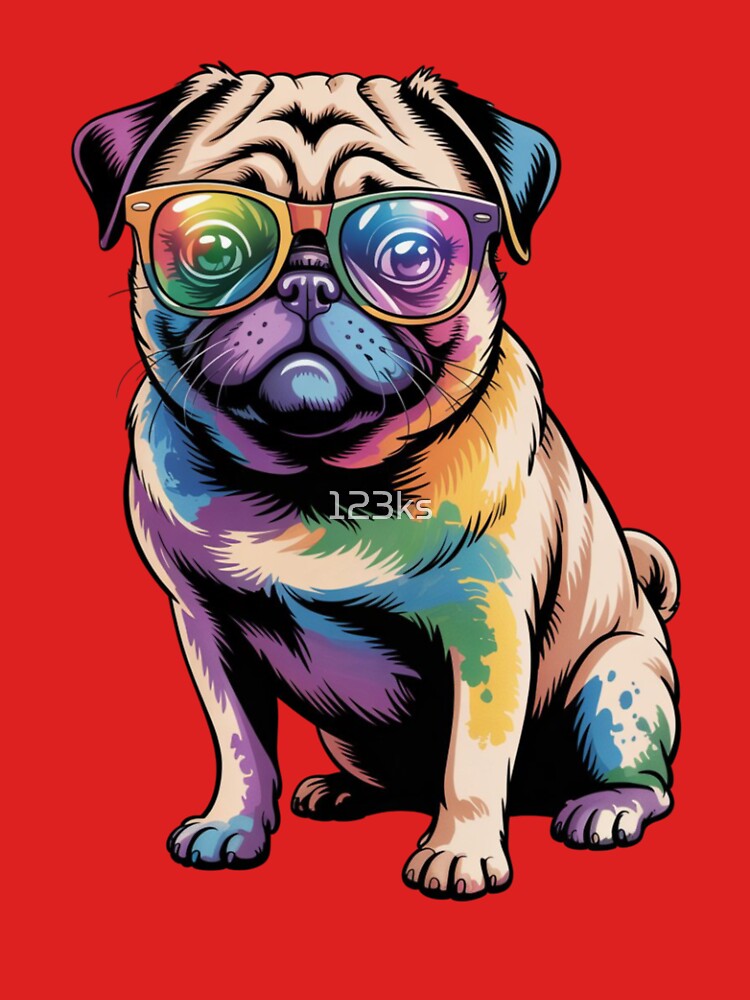 pug dog wearing retro wayfarer glasses with rainbow-colored lenses by 123ks