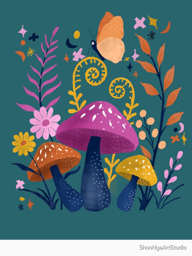 Blooms & Shrooms — Retro Folk Botanical Mushroom Art Print, Cottagecore Illustration, Dark Teal Wall Art by ShooNyaArtStudio