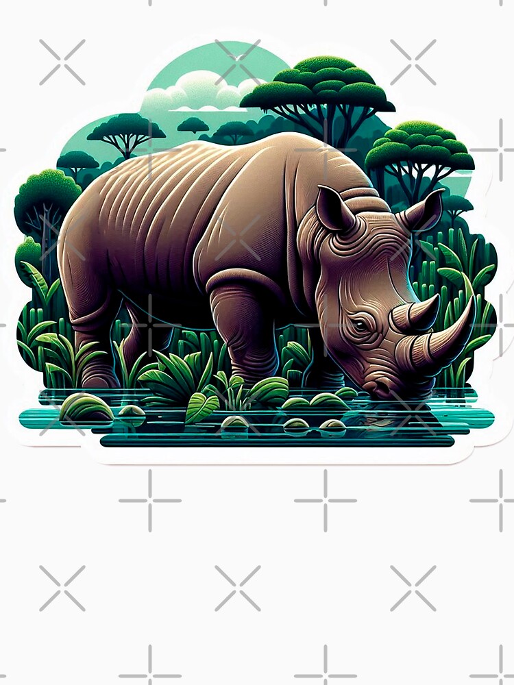 Majestic Javan Rhinoceros Grazing in a Lush Tropical Swamp by KreaDesignOne