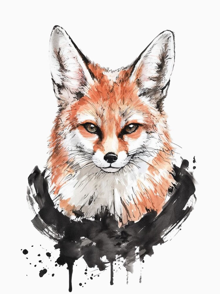 The Cunning One – Red Fox Portrait with Ink Splash on Black Background by  InkVeil
