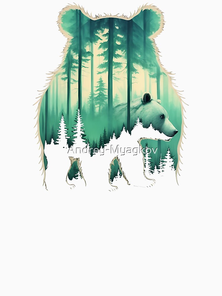Preserve and protect bears and nature, Double exposure of bear silhouette and trees in misty forest, Save the wilderness environment and climate concepts by Andrey-Myagkov