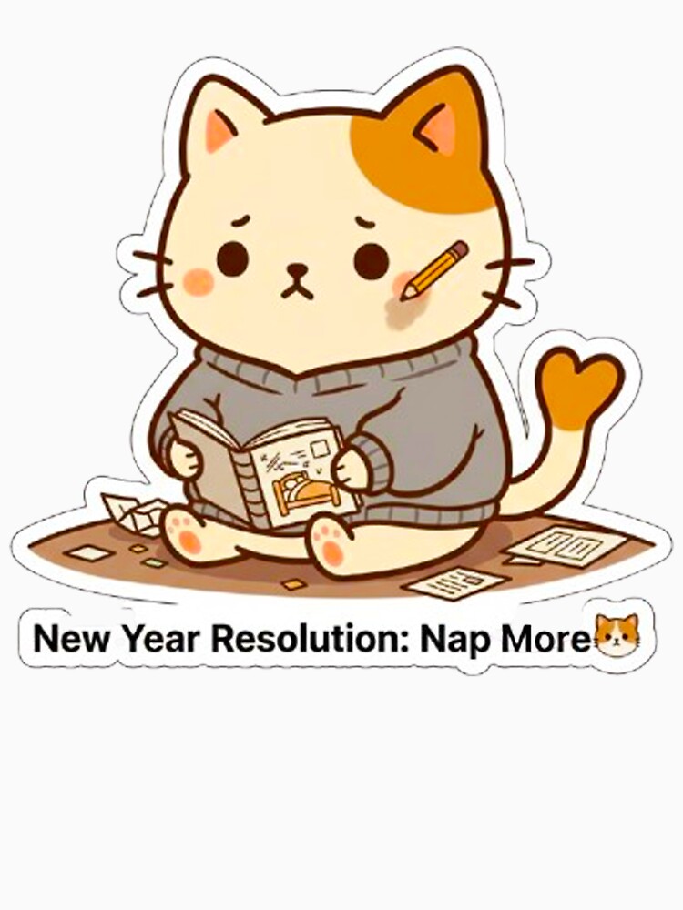 Funny New Year Resolution Cat - Cute Kawaii Kitten Napping Illustration by MT-Hub | Art for Every Soul