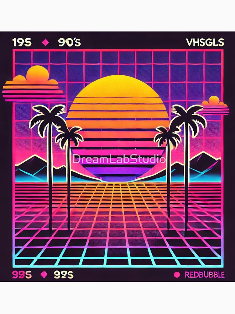 "Retro Sunset with Neon Palm Trees - 80s Aesthetic" by DreamLabStudio