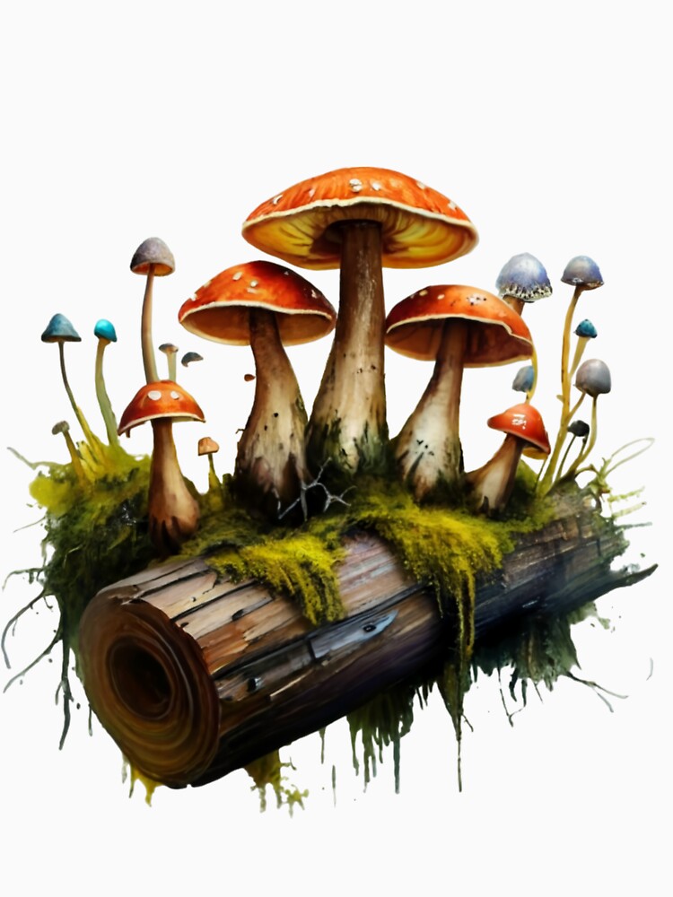 Goblincore Mushrooms on a Mossy Log by EnchantedIsle