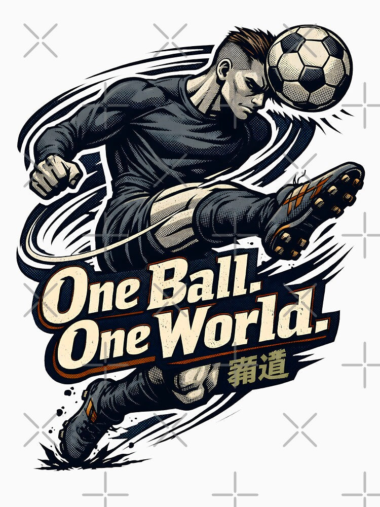 Dynamic Anime Soccer Player Action Art - One Ball One World Global Football Unity Illustration - Intense Striker Mid-Air Kick Manga Style Graphic - Sport Motivation and World Cup Spirit by Vivaan Studio