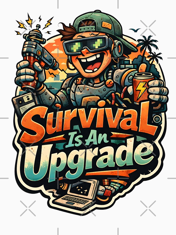 Survival Is An Upgrade Funny Tech Humor Retro Aesthetic - Vintage 90s Cyberpunk Gamer Art - Motivational IT Professional Graphic - Summer Beach Sunset Glitch Core Design for Developers & Geeks by Vivaan Studio