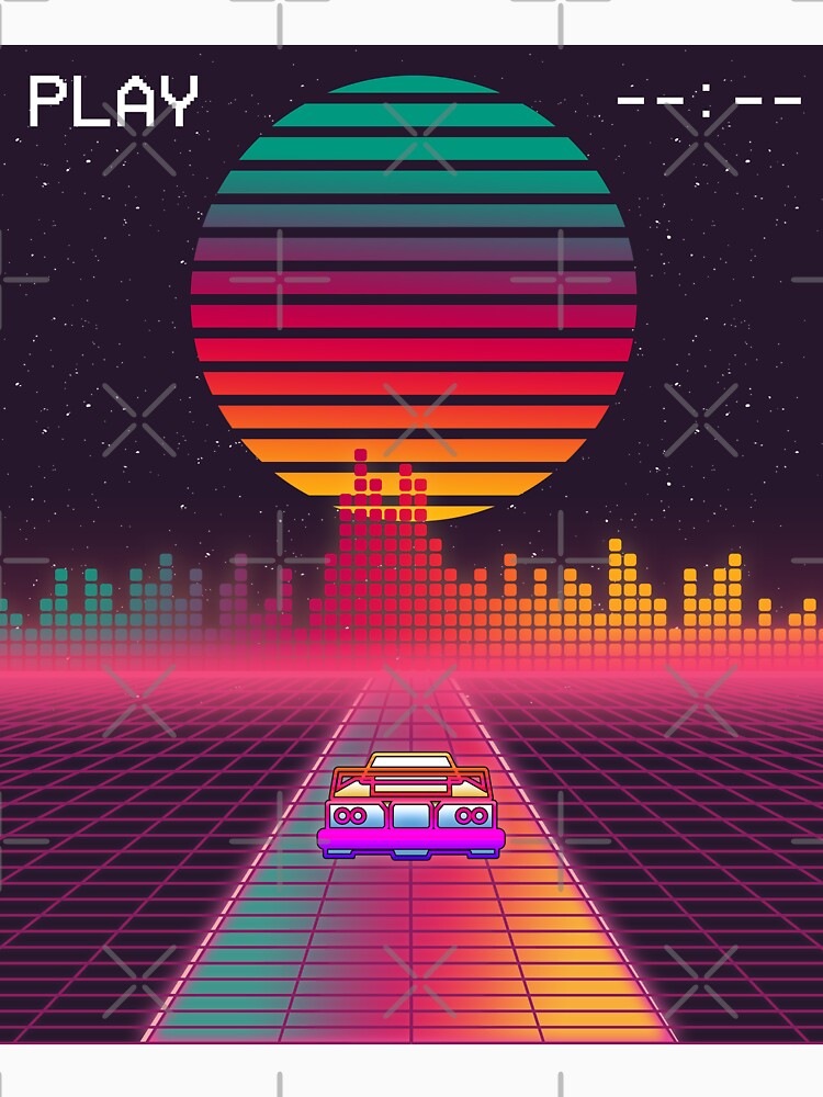 Retro 80s Cyberpunk Synthwave Sunset fast car in Outrun grid design by D-C-Designs