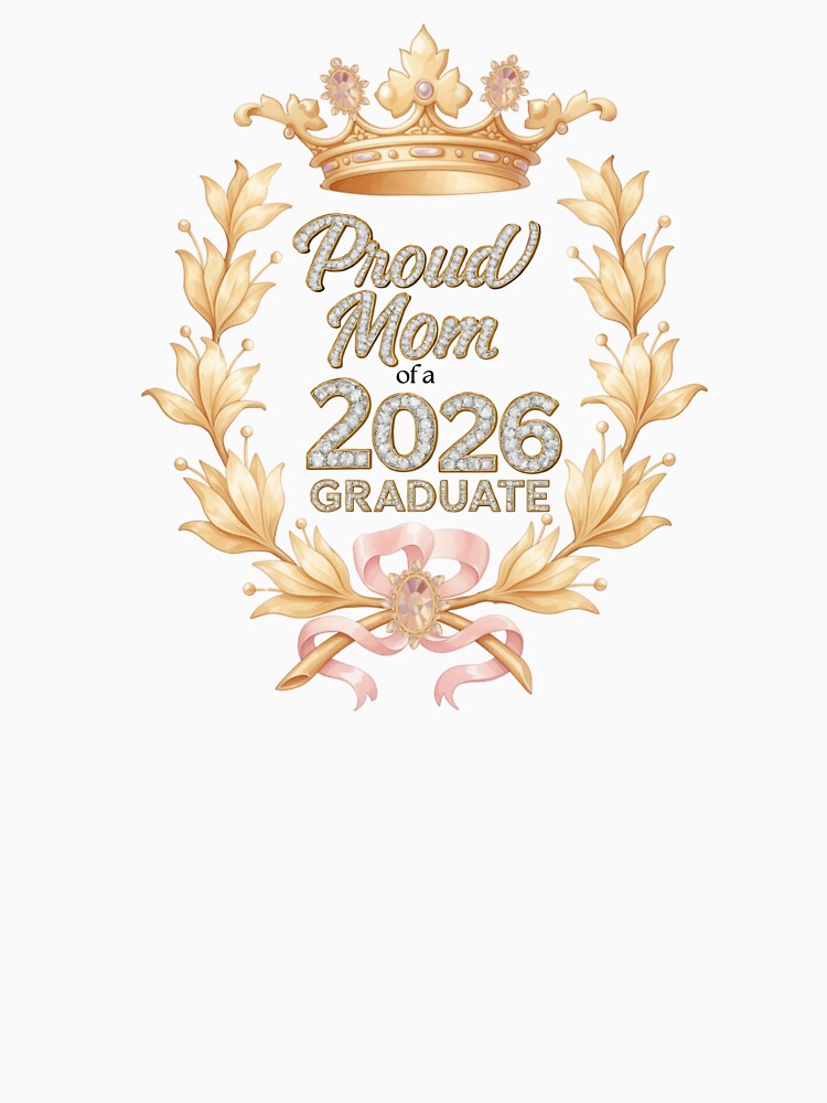 Proud Mom of a 2026 Graduate with Royal Laurel Motif, Crown, Pink Bow & Diamonds by JeweledDesigns