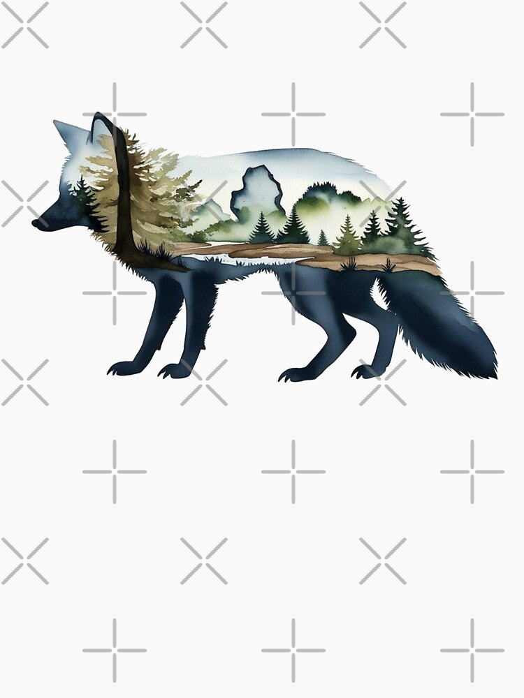 Fox Silhouette with inlay watercolor nature scene of a National Park, Forest, Trees Save Wilderness for Wildlife Hiking Camping Classic T-Shirt sticker by Mama.Does.Designs