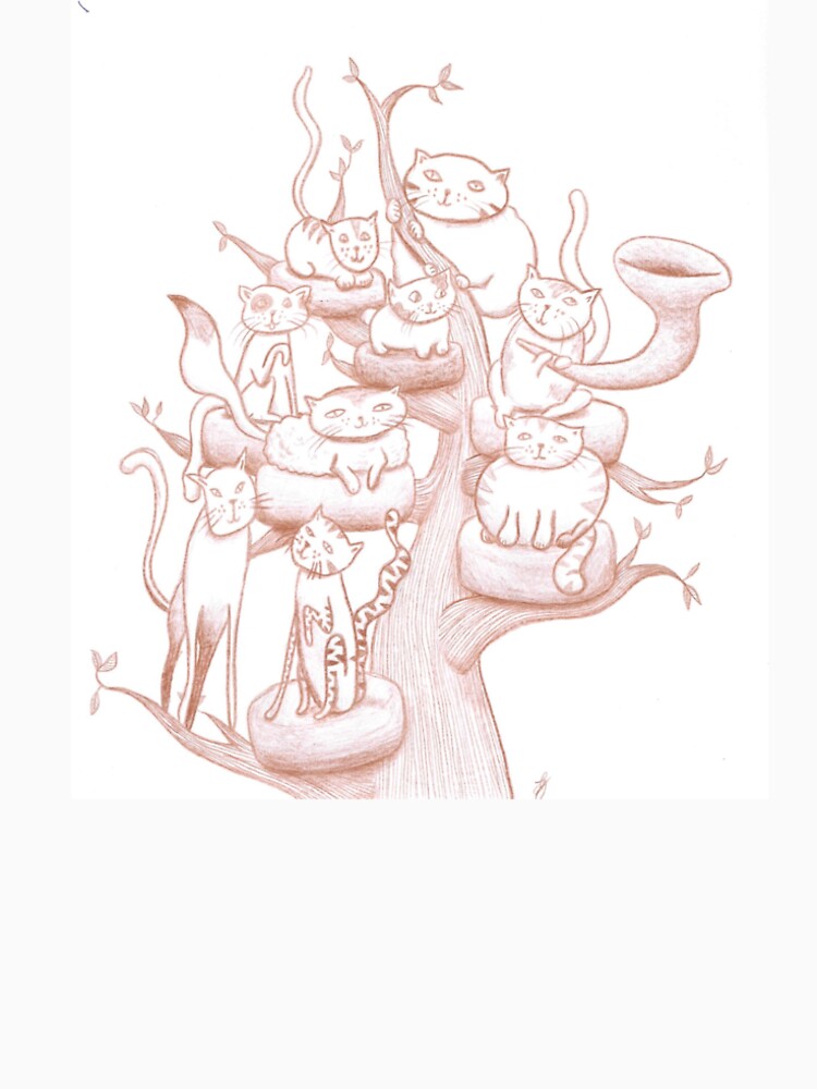 Cozy Cat Gathering Tree Hand Drawn Sepia by BOKEbyTC