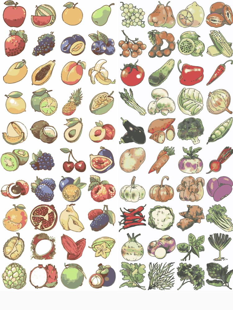 This image is an illustrated grid of various fruits and vegetables, likely created using a pixel art or low-fidelity digital art style. by zanaxxer
