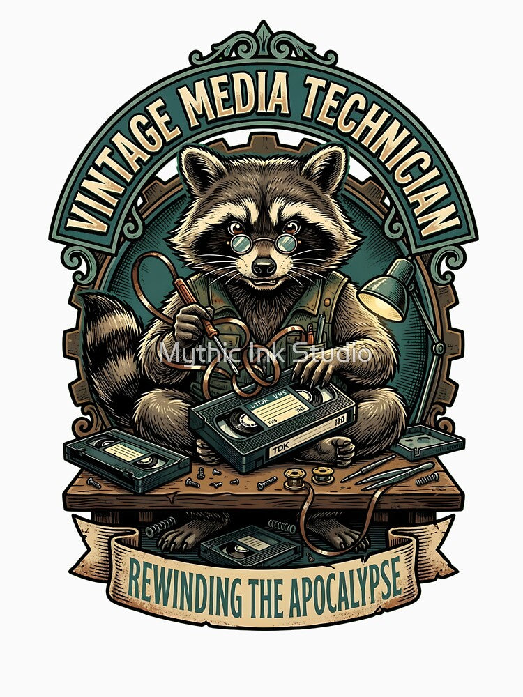 Vintage Media Technician Raccoon - Rewinding The Apocalypse VHS by Mythic Ink Studio