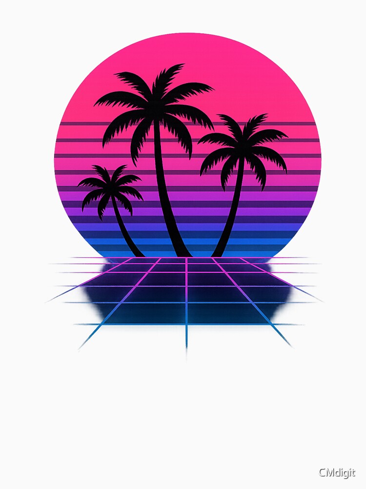 Retro 80s Sunset with Palm Trees – Neon Vaporwave Design by CMdigit