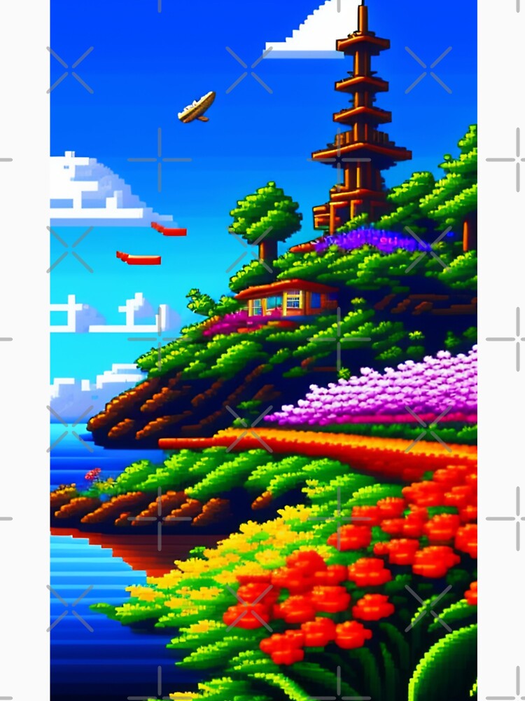 House on the mountain by the sea with a Japanese tower in the background pixel art by ArteEterno