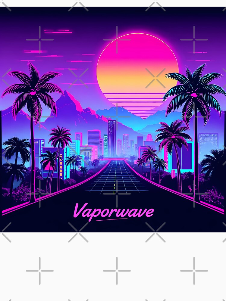 Vaporwave Aesthetic Sunset City T-Shirt – Retro Neon 80s Synthwave Palm Trees by Gallery-yuuna