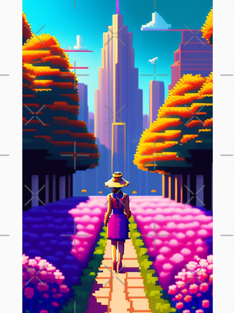 Flower park with woman walking skyscraper behind pixel art by ArteEterno