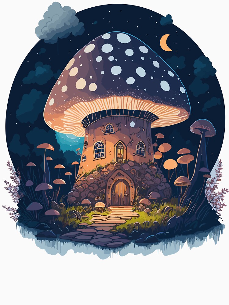 Cottagecore Mushroom House Night T-Shirt by Nyx Creates