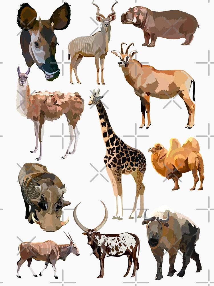H is for Hoofstock,Hoofstock Artwork – Diverse African and Asian Ungulates Featuring Giraffe, Camel, Warthog, Takin, Okapi, and Roan Design by PrettylittlepastelUk