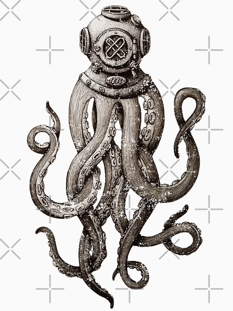Strange Vintage SCUBA Diving Octopus Kraken T-shirts and Gifts by Robert Diebold
