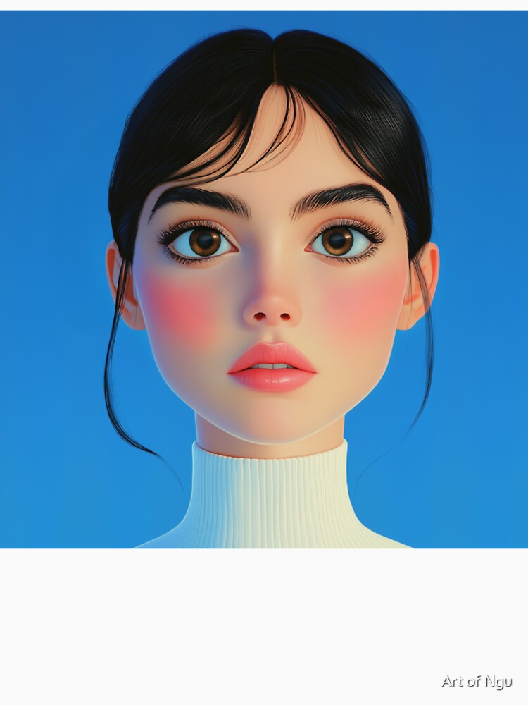 Elegant Anime Girl in White Turtleneck with Blue Sky Background by Art of Ngu