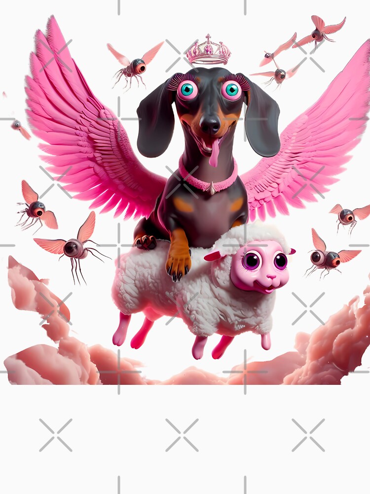 Pink Angel Dachshund Flying With Sheep by LujziWorld