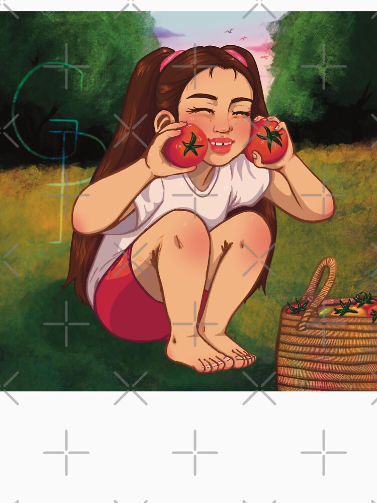 Smiling girl holding tomatoes in a field during sunset by Gemma-Pricot