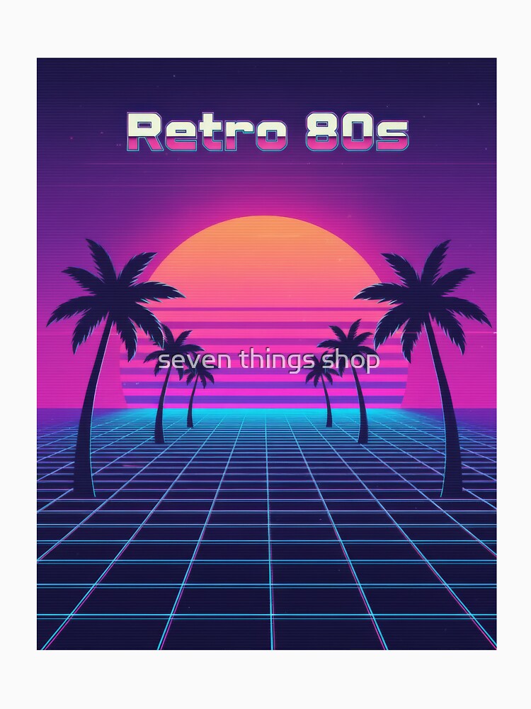 Retro 80s Synthwave Sunset with Palm Trees and Neon Grid by seven things shop