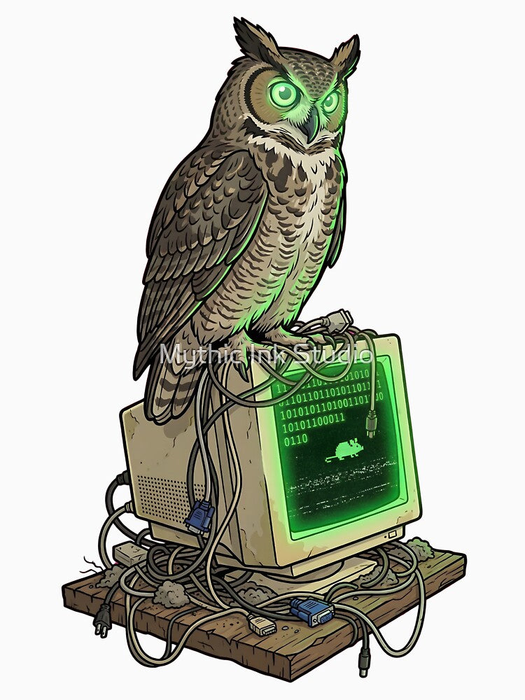 Owl Watching CRT Monitor - Retro Tech Weirdcore Meme - Coding Owl by Mythic Ink Studio