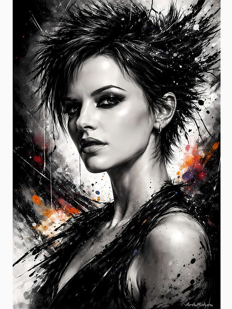 Monochrome Punk Muse With Ink Splashed Rebel Grace by ArtaFutura