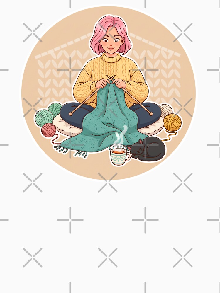 Cozy Knitting Girl with Yarn, Cat, and Tea – Relaxing Craft Illustration by C3J7