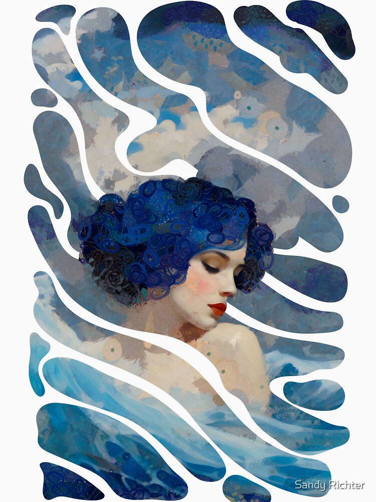 Mystical Ocean Goddess with Blue Hair in Surreal Dreamlike Wave Art by Sandy Richter