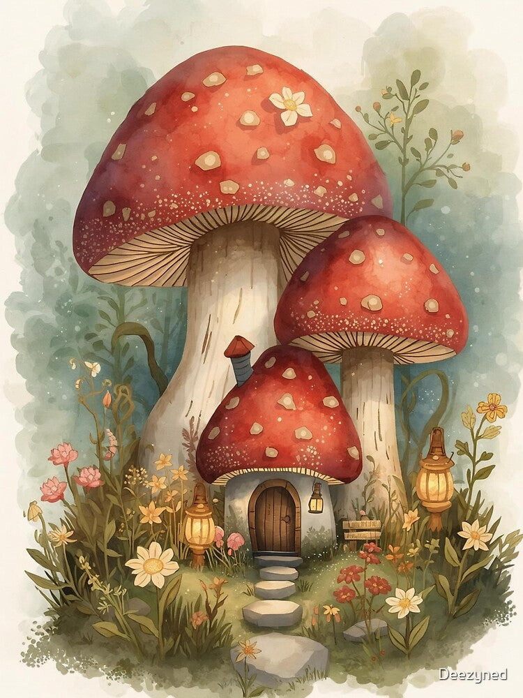 Enchanted Mushroom Cottage Cottagecore Fairy Tale Art by Deezyned