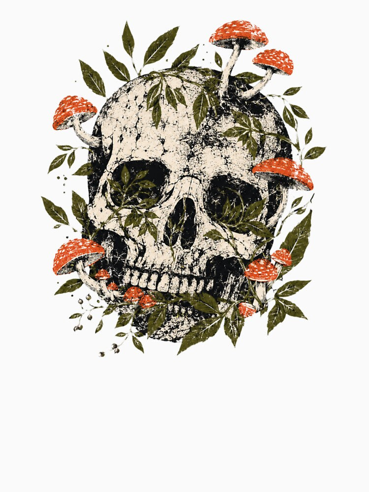 Vintage Skull with Red Mushrooms and Forest Leaves by bosamji